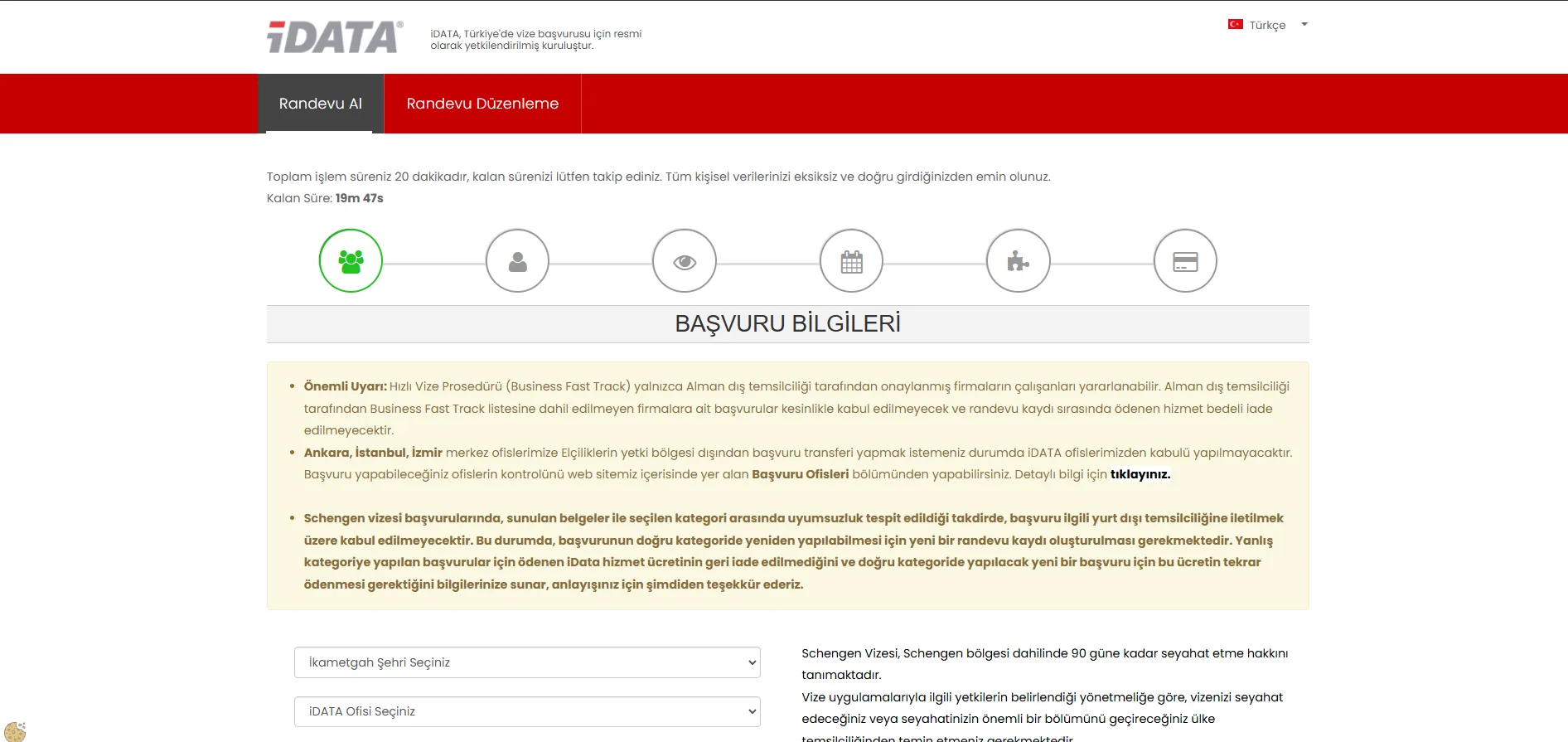 iDATA Almanya tedavi vizesi randevu kategorisi seçim ekranı