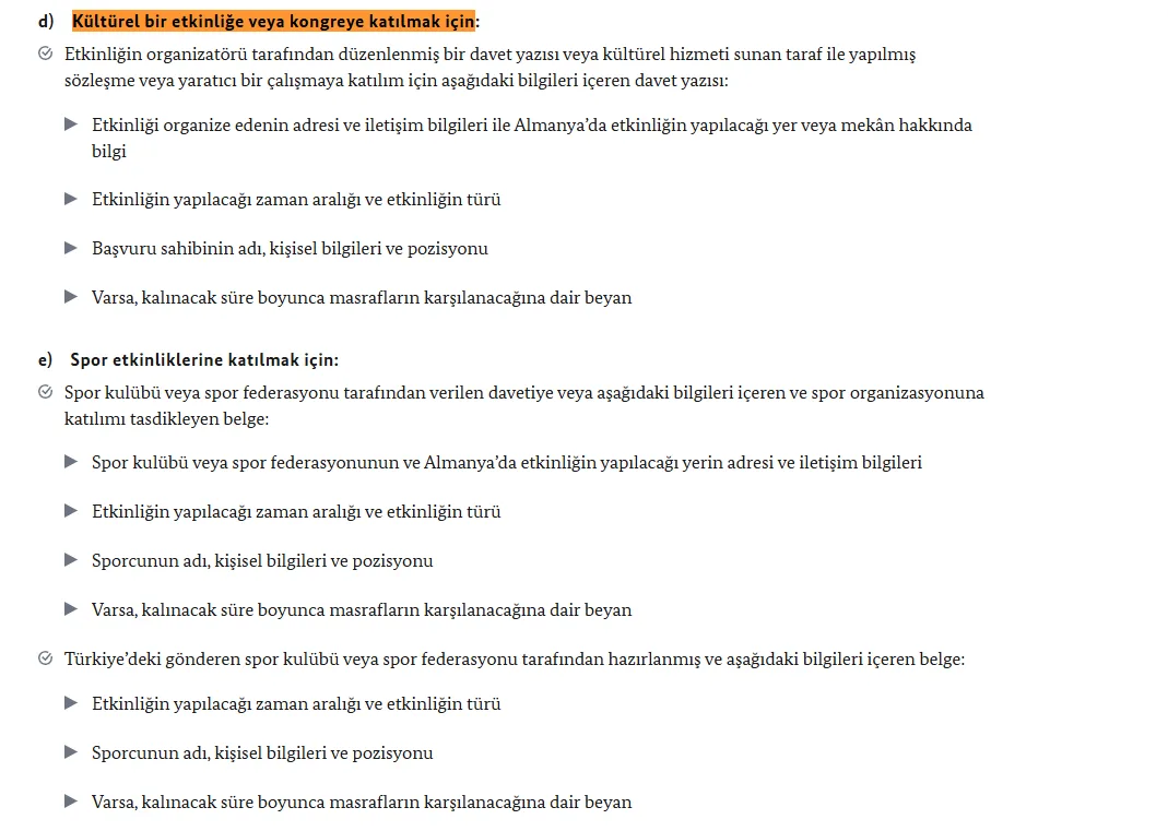 Almanya kültürel etkinlik vizesi için resmî davetiye şartları